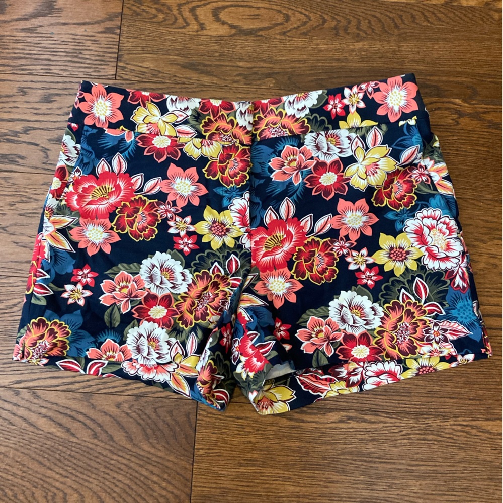 Floral Print Women's Shorts - Navy with Red & Yellow Flowers
